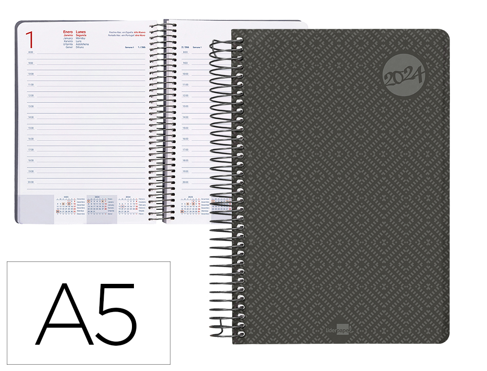 AGENDA ESPIRAL LIDERPAPEL CLASSIC A5 2024 DIA PAGINA PORTADA POLIPROPILENO PAPEL 70 GR COLOR NEGRO