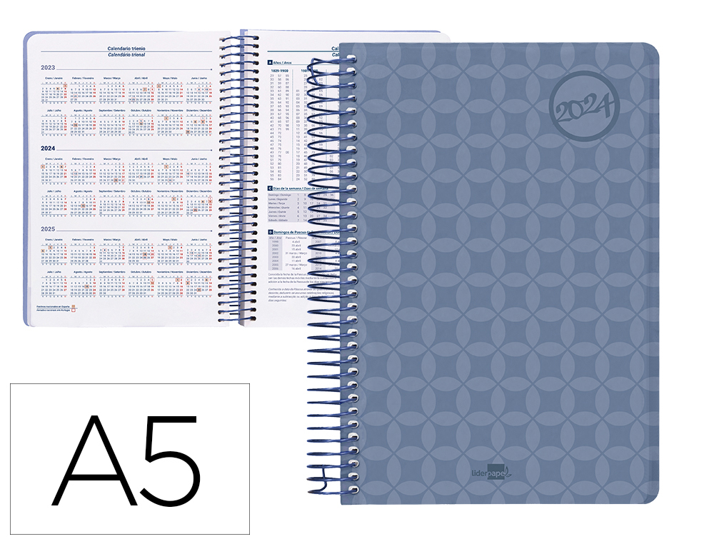 AGENDA ESPIRAL LIDERPAPEL CLASSIC A5 2024 DIA PAGINA PORTADA POLIPROPILENO PAPEL 70 GR COLOR AZUL