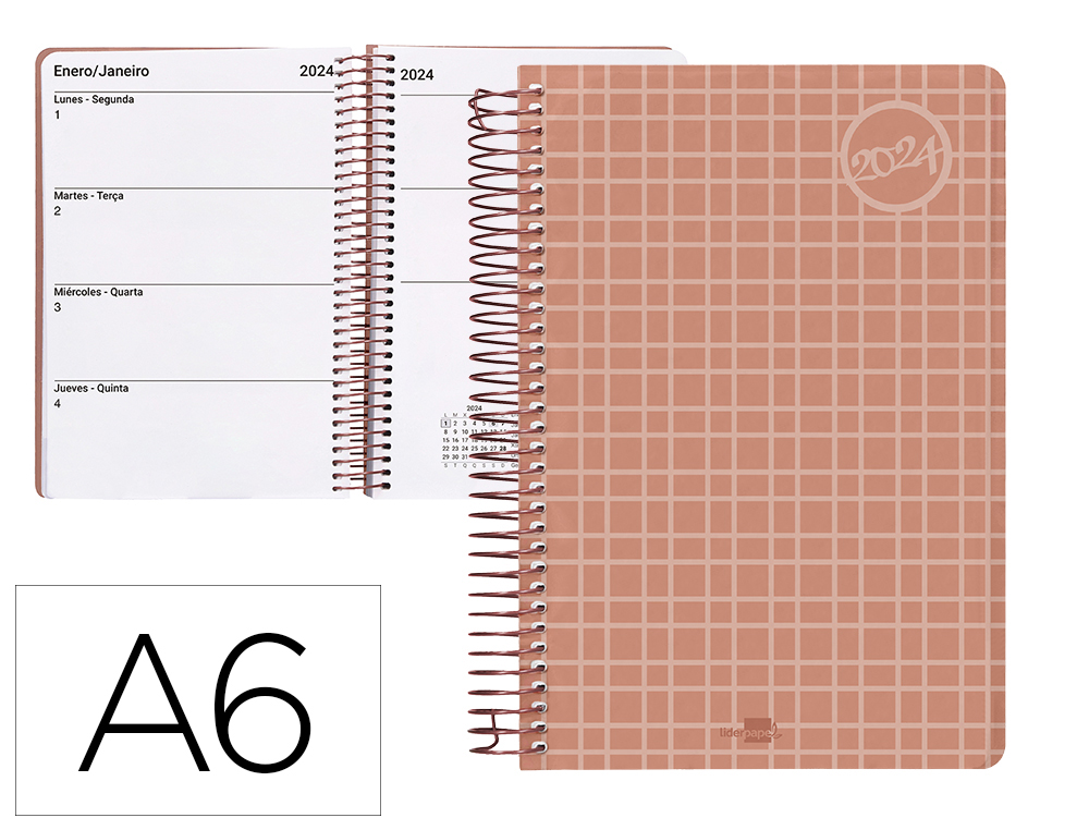 AGENDA ESPIRAL LIDERPAPEL CLASSIC A6 2024 SEMANA VISTA PORTADA POLIPROPILENO PAPEL 70 GR COLOR CORAL