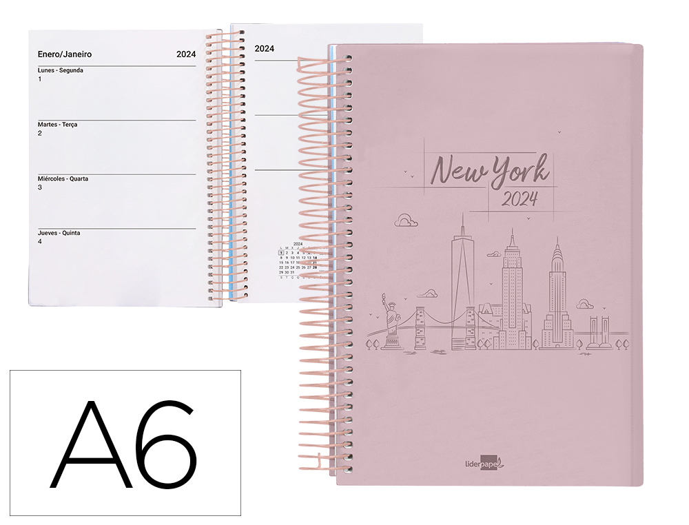 AGENDA ESPIRAL LIDERPAPEL GAZI A6 2024 SEMANA VISTA PORTADA POLIPROPILENO PAPEL 70 GR NEW YORK