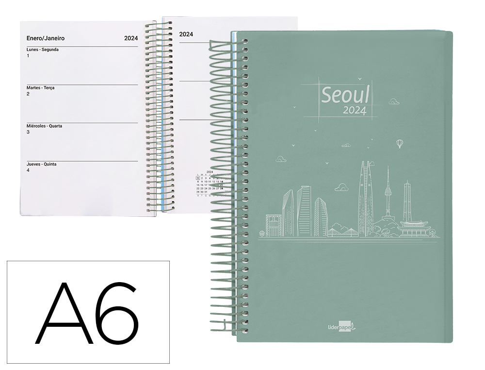 AGENDA ESPIRAL LIDERPAPEL GAZI A6 2024 SEMANA VISTA PORTADA POLIPROPILENO PAPEL 70 GR SEOUL