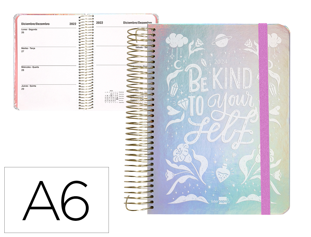 AGENDA ESPIRAL LIDERPAPEL TAPA IRIDISCENTE KYMOLOS A6 2024 SEMANA VISTA PAPEL 70 GR