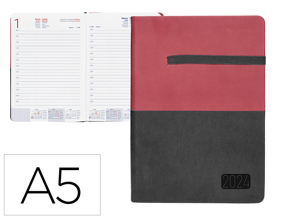 AGENDA ENCUADERNADA LIDERPAPEL LEONTIO A5 2024 DIA PAGINA GRIS Y ROJO PAPEL 70 GR