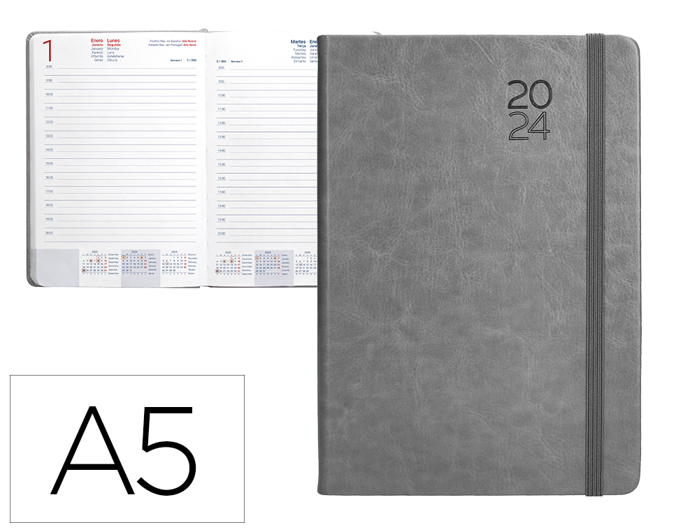 AGENDA ENCUADERNADA LIDERPAPEL MYKONOS 15X21 CM 2024 DIA PAGINA COLOR GRIS PAPEL 70 GR