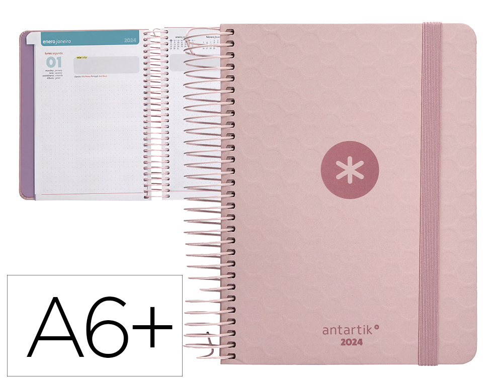 AGENDA DE OFICINA ANTARTIK A6+ 2024 DIA PAGINA 80 GR CON SOBRE MARCAPAGINAS Y 3 HOJAS PEGATINAS ROSA 130X175 MM