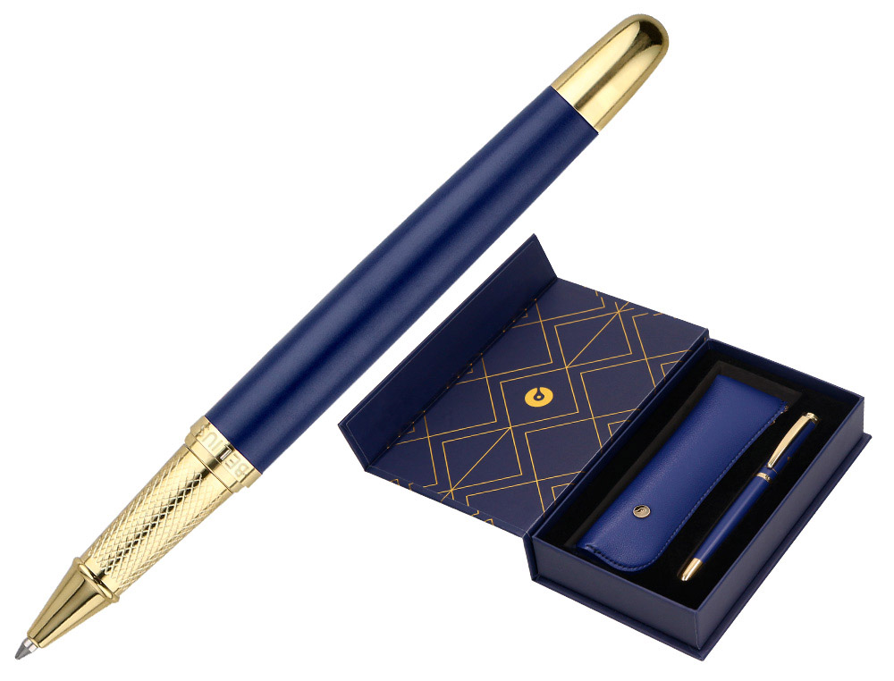 BOLIGRAFO Y ESTUCHE BELIUS SOIREE COLOR AZUL MARINO Y DORADO TINTA AZUL CAJA DE DISEO