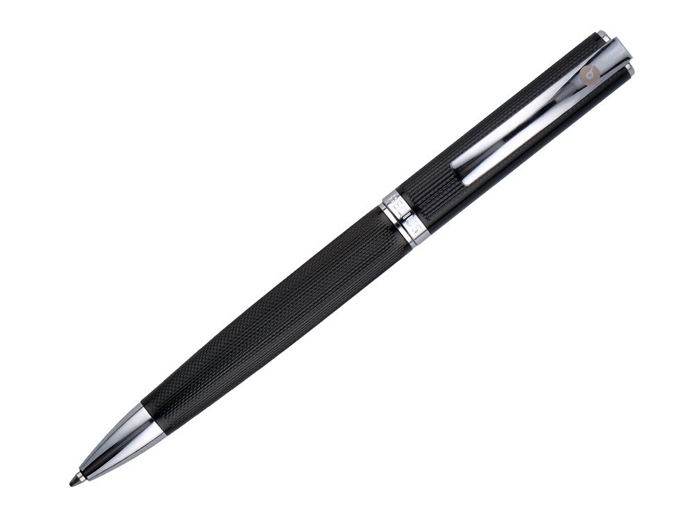 BOLIGRAFO Y ESTUCHE BELIUS TURBO ALUMINIO TEXTURA PUNTEADA NEGRO Y PLATEADO TINTA AZUL CAJA DE DISEO