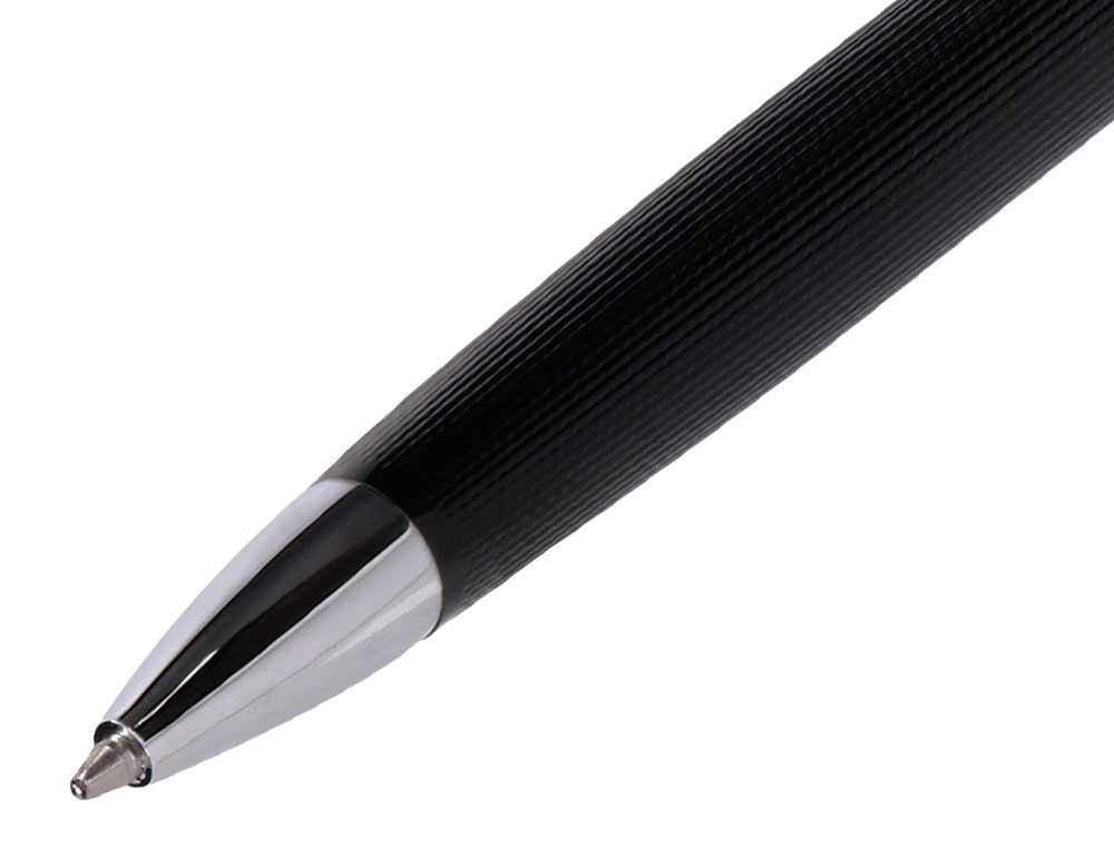BOLIGRAFO Y ESTUCHE BELIUS TURBO ALUMINIO TEXTURA PUNTEADA NEGRO Y PLATEADO TINTA AZUL CAJA DE DISEO
