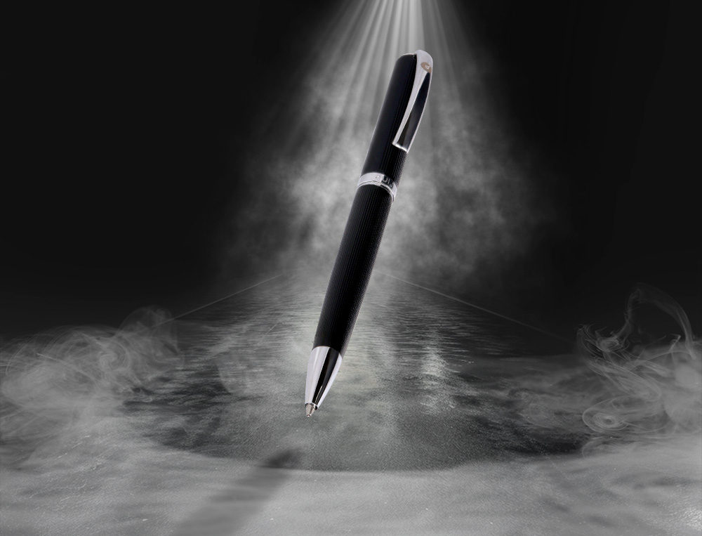 BOLIGRAFO Y ESTUCHE BELIUS TURBO ALUMINIO TEXTURA PUNTEADA NEGRO Y PLATEADO TINTA AZUL CAJA DE DISEO