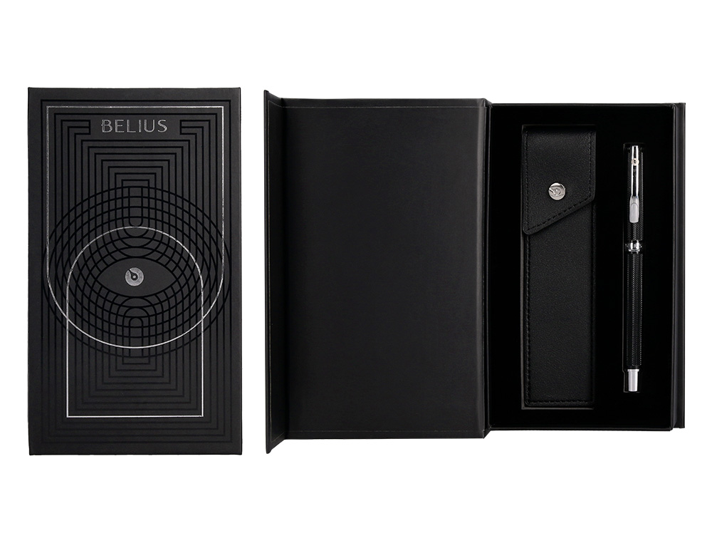 BOLIGRAFO Y ESTUCHE BELIUS TURBO ALUMINIO TEXTURA PUNTEADA NEGRO Y PLATEADO TINTA AZUL CAJA DE DISEO