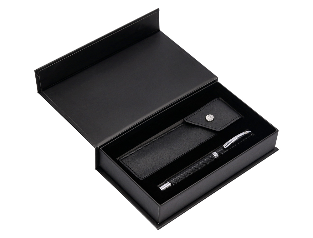 BOLIGRAFO Y ESTUCHE BELIUS TURBO ALUMINIO TEXTURA PUNTEADA NEGRO Y PLATEADO TINTA AZUL CAJA DE DISEO