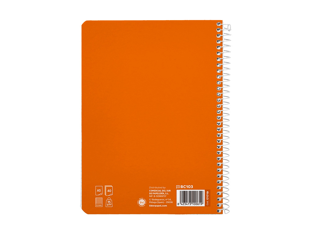 CUADERNO ESPIRAL LIDERPAPEL A5 PAUTAGUIA TAPA BLANDA 40H 75 GR CUADRO PAUTADO 2,5MM COLOR NARANJA