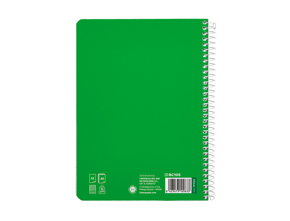 CUADERNO ESPIRAL LIDERPAPEL A5 PAUTAGUIA TAPA BLANDA 40H 75 GR CUADRO PAUTADO 2,5MM COLOR VERDE