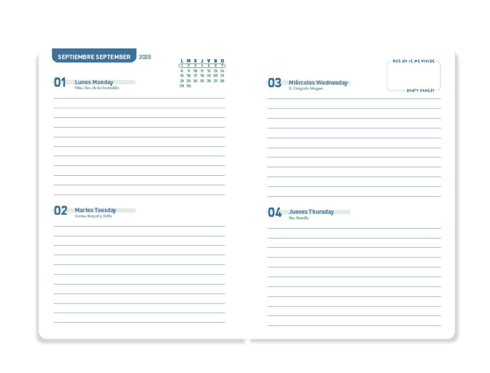 AGENDA ESCOLAR LIDERPAPEL 25-26 ESPIRAL BASIC VERDE MENTA 2 DIAS PAGINA A5 BILINGÜE PAPEL FSC 70 GR