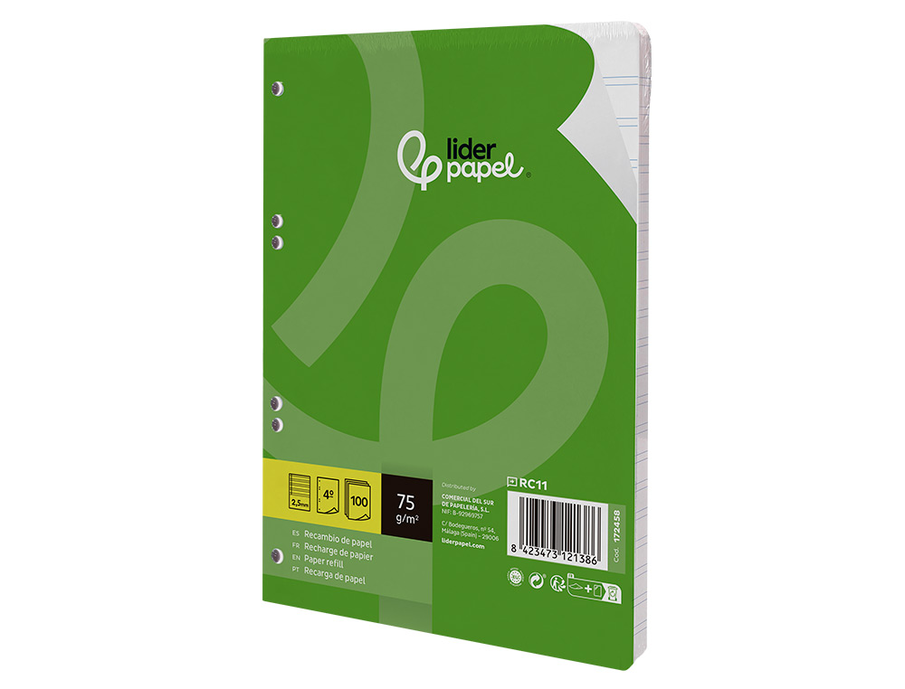 RECAMBIO LIDERPAPEL A5 100 HOJAS 75GR PAUTA 5 2.5MM CON MARGEN 6 TALADROS