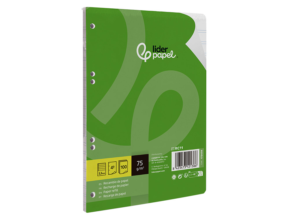 RECAMBIO LIDERPAPEL A5 100 HOJAS 75GR PAUTA 5 2.5MM CON MARGEN 6 TALADROS