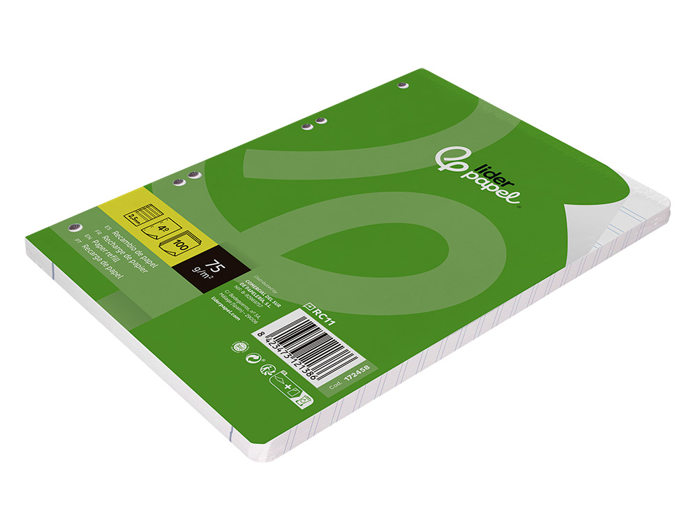 RECAMBIO LIDERPAPEL A5 100 HOJAS 75GR PAUTA 5 2.5MM CON MARGEN 6 TALADROS