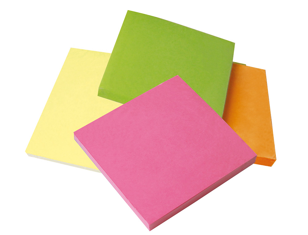 BLOC DE NOTAS ADHESIVAS QUITA Y PON Q-CONNECT 76X76 MM CON 80 HOJAS FLUORESCENTES PACK DE 12 SURTIDAS EN 4 COLORES