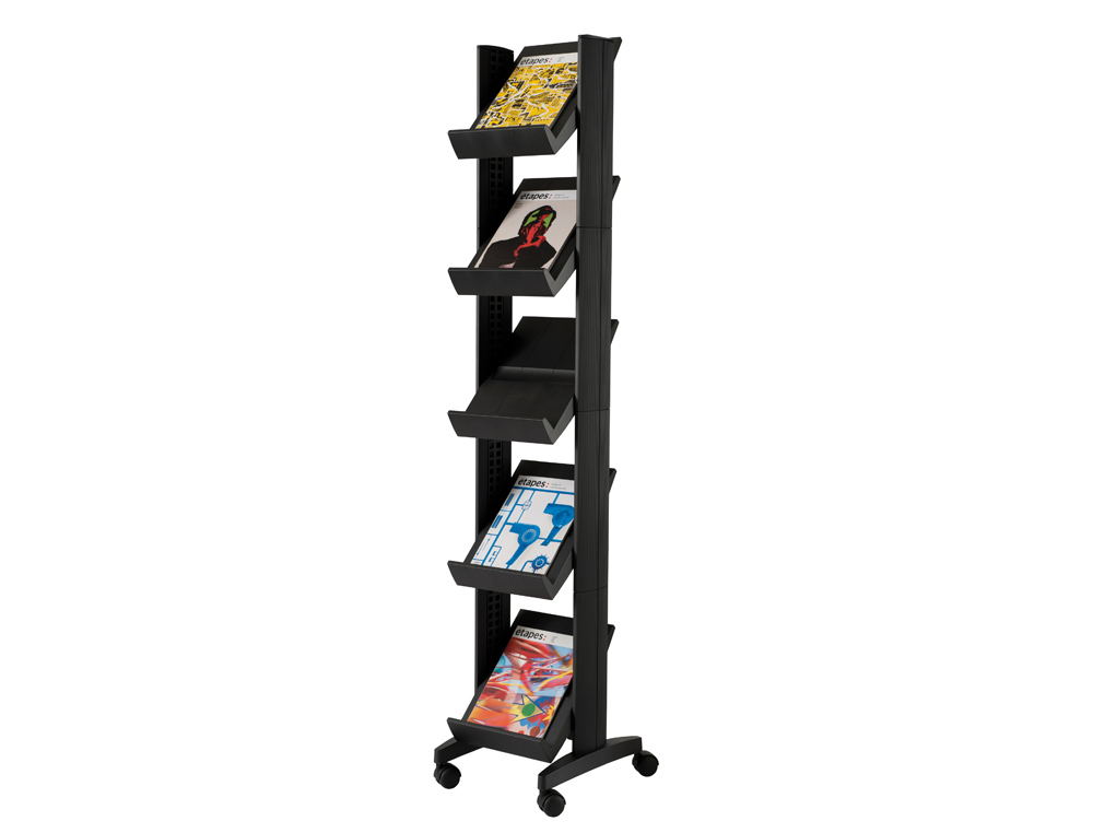 EXPOSITOR PAPERFLOW DE SUELO MOVIL 5 ESTANTES DE 275X327MM COLOR NEGRO TAMAÑO DEL EXPOSITOR 350X1675X385 MM