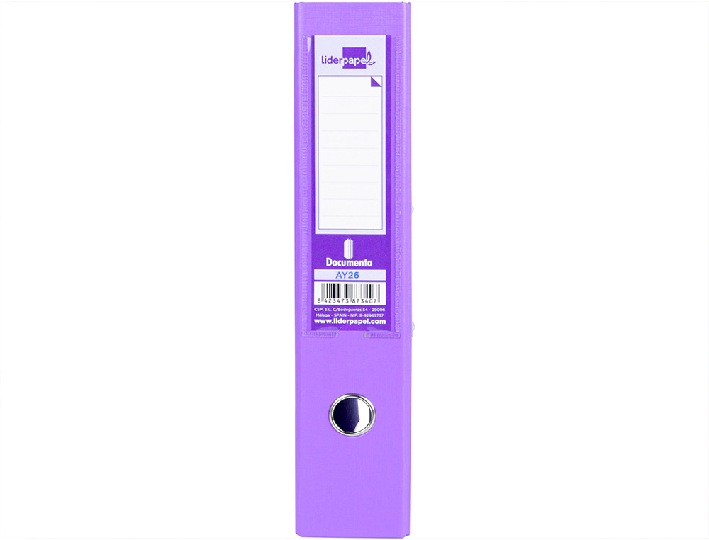 ARCHIVADOR DE PALANCA LIDERPAPEL FOLIO DOCUMENTA FORRADO PVC CON RADO LOMO 75 MM LILA COMPRESOR METALICO