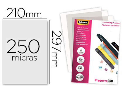 BOLSA DE PLASTIFICAR FELLOWES BRILLO DIN A4 250 MICRAS PACK DE 100 UNIDADES