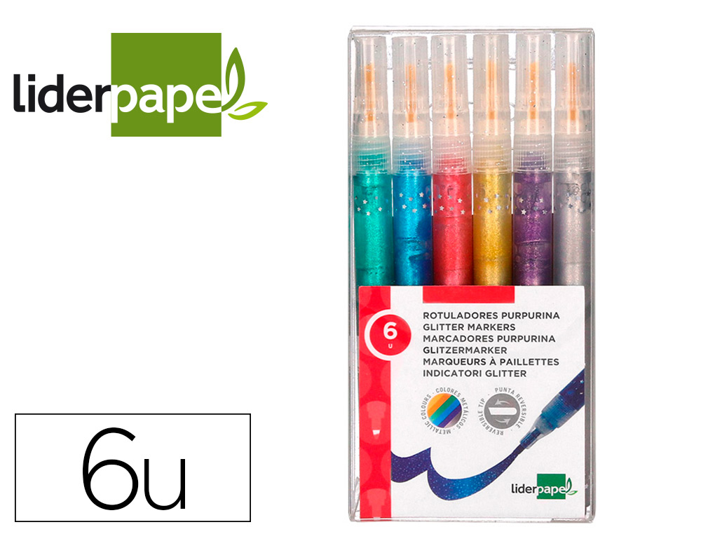 ROTULADOR LIDERPAPEL EFECTO PURPURINA METALIZADA PUNTA REVERSIBLE EN COLORES SURTIDOS CAJA DE 6 UNIDADES