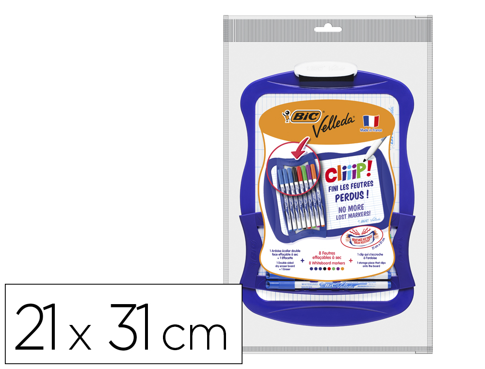 PIZARRA BLANCA BIC VELLEDA CLIIIP DOBLE CARA CUADRICULADAY LISA CON 8 ROTULADORES COLORES SURTIDOS 21X31 CM