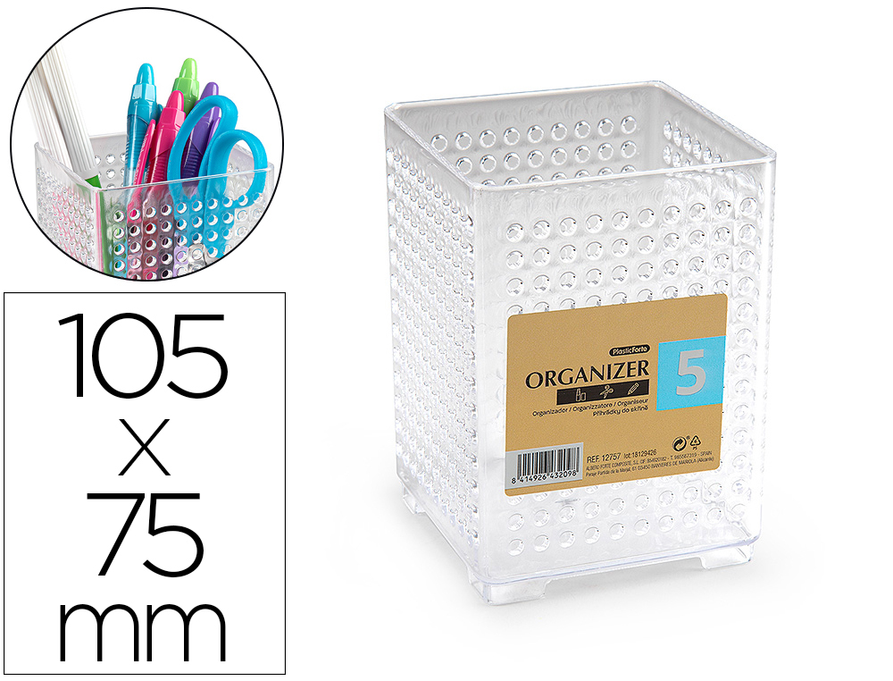 CUBILETE PORTALAPICES PLASTIFORTE ORGANIZER CUADRADO TRANSPARENTE N 5 75X75X105 MM