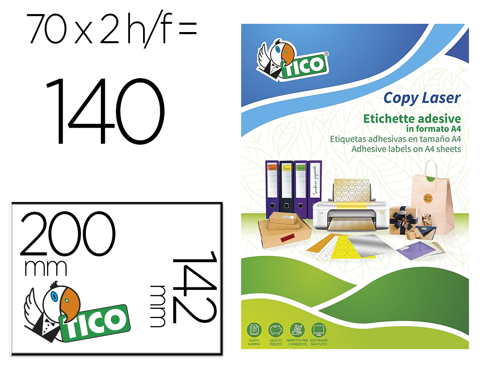 ETIQUETA ADHESIVA TICO VERDE FLUOR PERMANENTE FSC LASER/ INKJET/FOTOCOPIA 200X142 MM CAJA DE 140 UNIDADES