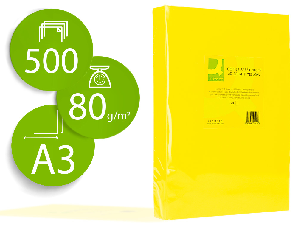 PAPEL COLOR Q-CONNECT DIN A3 80 GR AMARILLO INTENSO PAQUETEDE 500 HOJAS