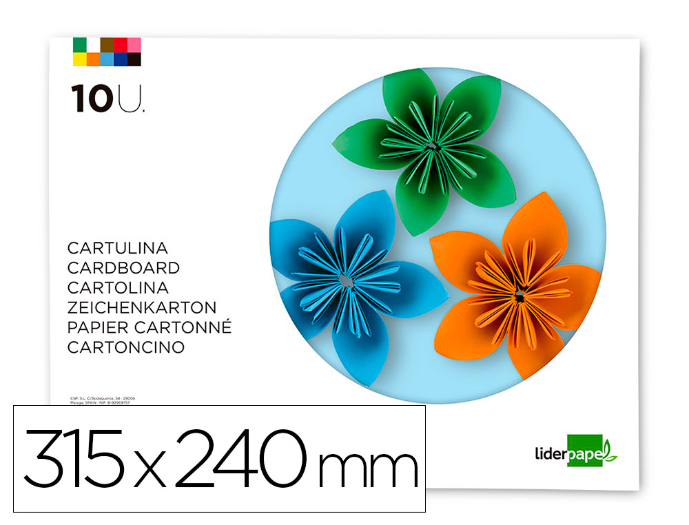 BLOC TRABAJOS MANUALES LIDERPAPEL CARTULINA 240X315 MM 10 HOJAS COLORES SURTIDOS