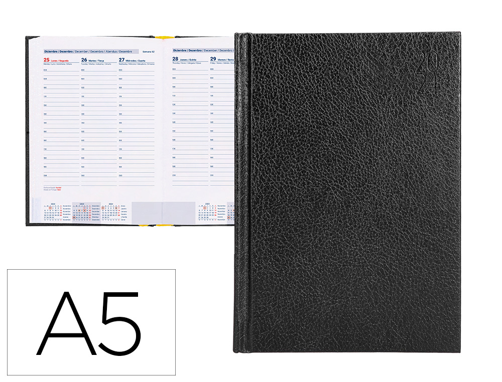 AGENDA ENCUADERNADA LIDERPAPEL CORFU A5 2024 SEMANA VISTA COLOR NEGRO PAPEL 60 GR